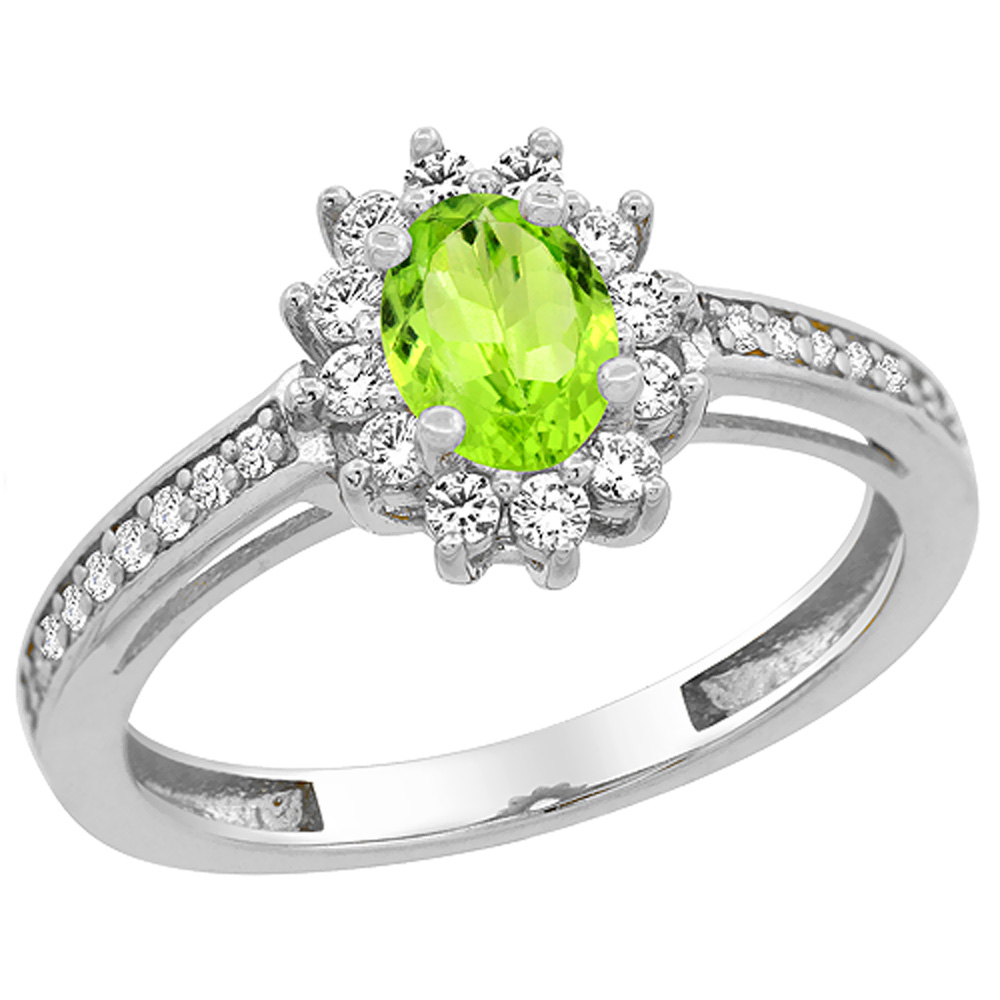 14K White Gold Natural Peridot Flower Halo Ring Oval 6x4mm Diamond Accents, sizes 5 - 10