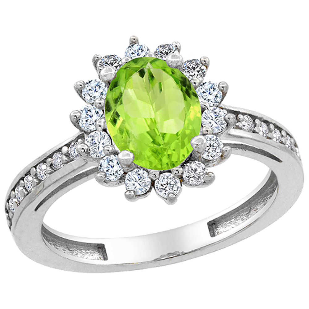 14K White Gold Natural Peridot Floral Halo Ring Oval 8x6mm Diamond Accents, sizes 5 - 10