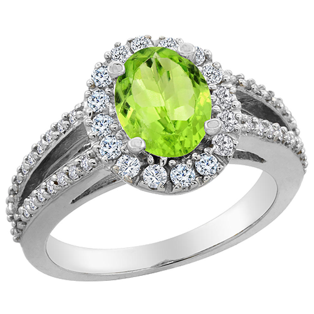 14K White Gold Natural Peridot Halo Ring Oval 8x6 mm with Diamond Accents, sizes 5 - 10