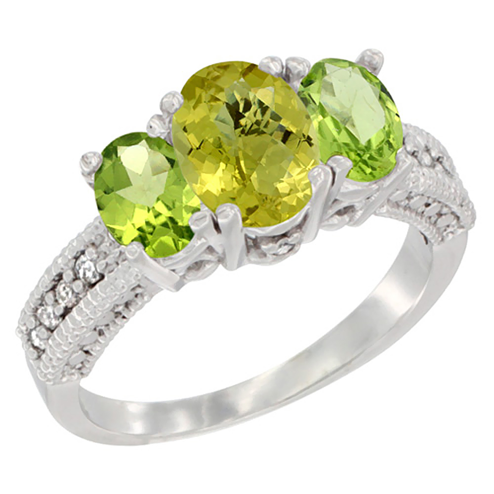 10K White Gold Diamond Natural Lemon Quartz Ring Oval 3-stone with Peridot, sizes 5 - 10