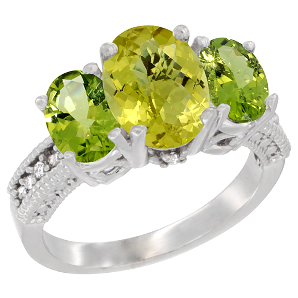 10K White Gold Diamond Natural Lemon Quartz Ring 3-Stone Oval 8x6mm with Peridot, sizes5-10