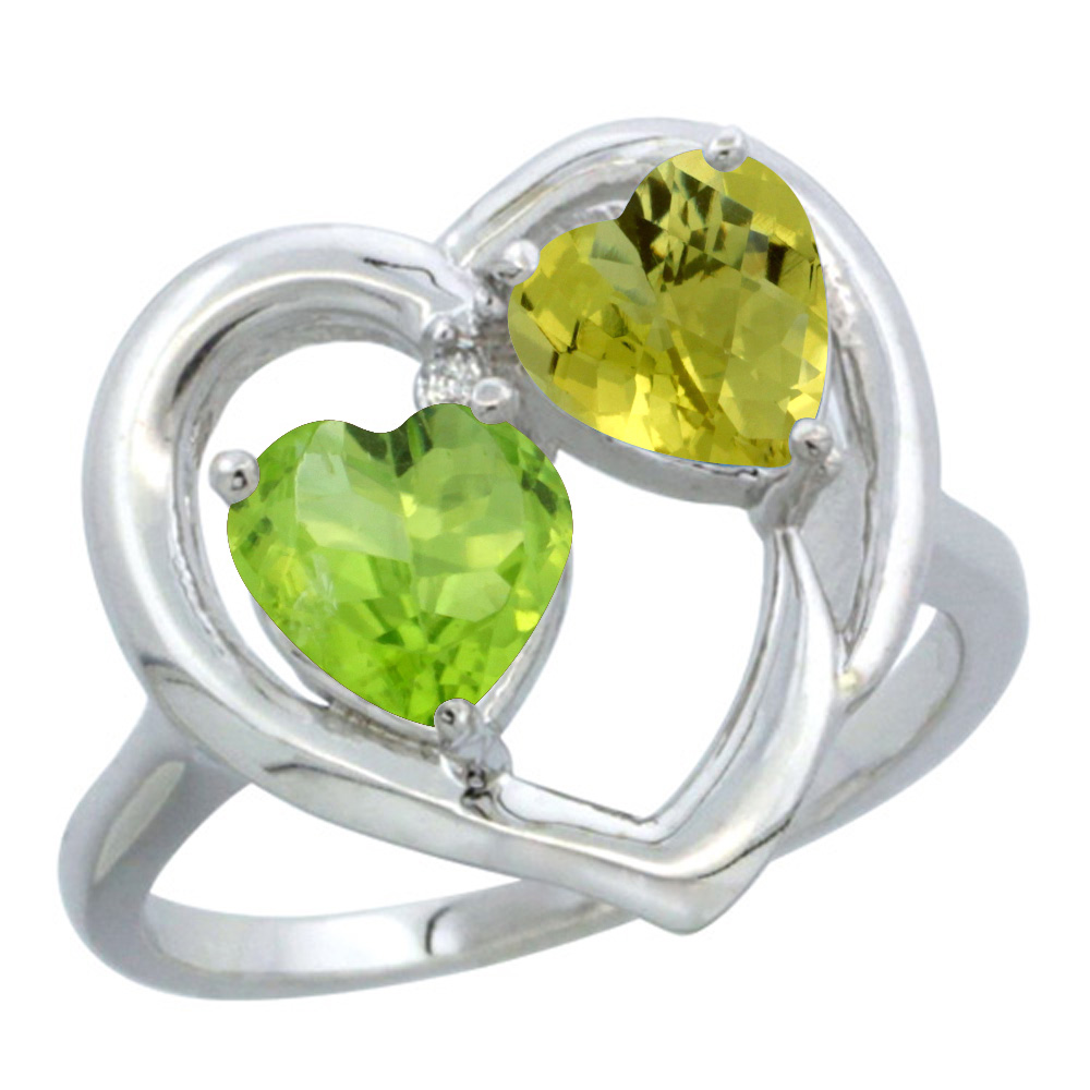 10K White Gold Diamond Two-stone Heart Ring 6mm Natural Peridot &amp; Lemon Quartz, sizes 5-10