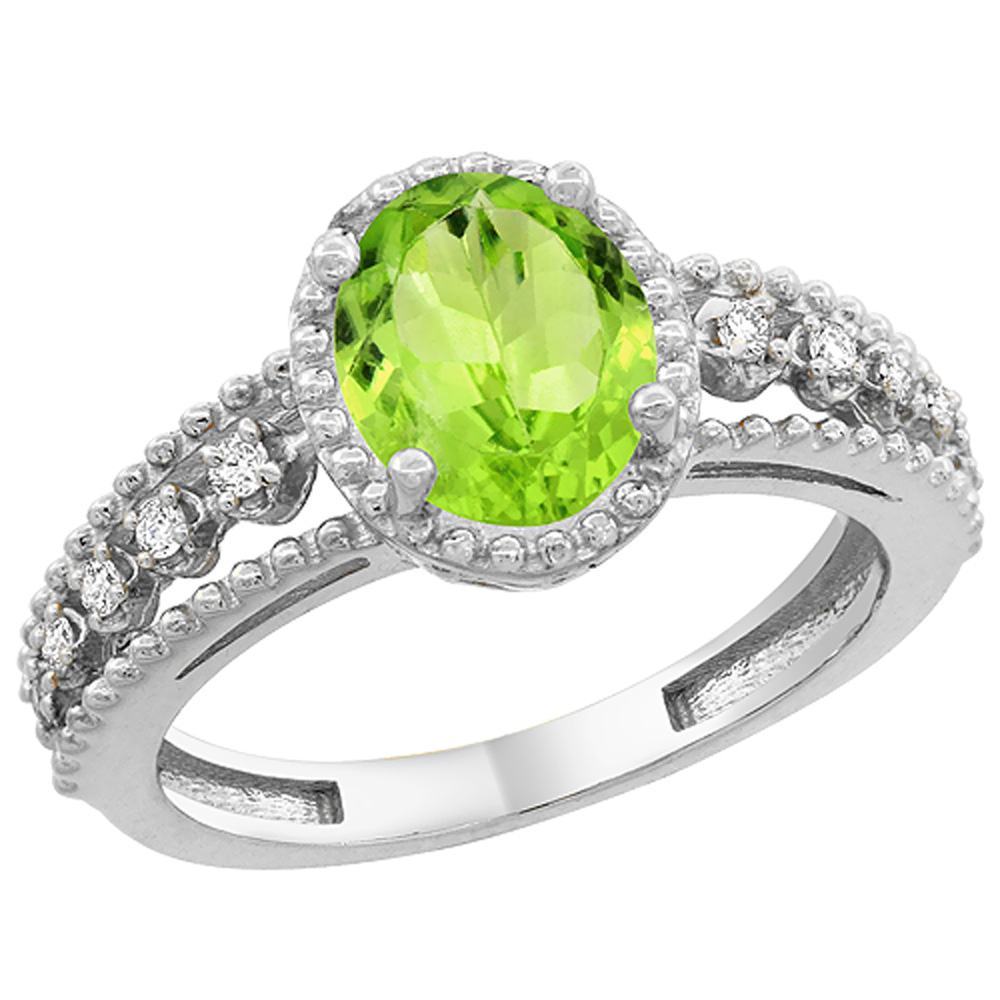 10K White Gold Natural Peridot Ring Oval 9x7 mm Floating Diamond Accents, sizes 5 - 10