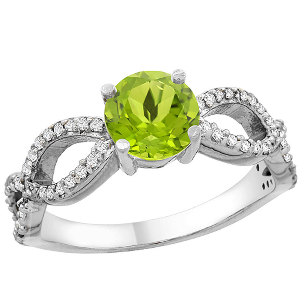 10K White Gold Natural Peridot Ring Round 6mm Infinity Diamond Accents, sizes 5 - 10