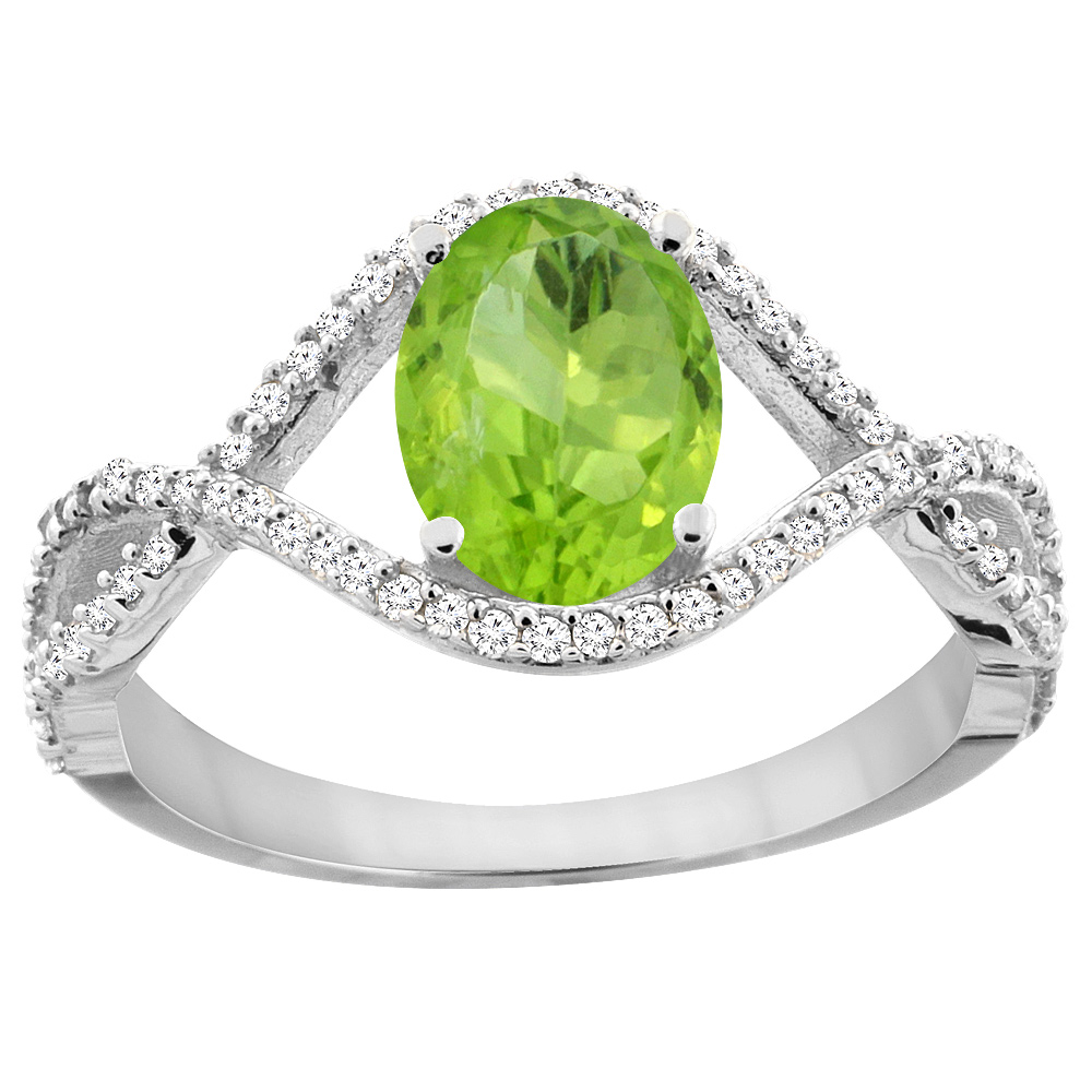14K White Gold Natural Peridot Ring Oval 8x6 mm Infinity Diamond Accents, sizes 5 - 10