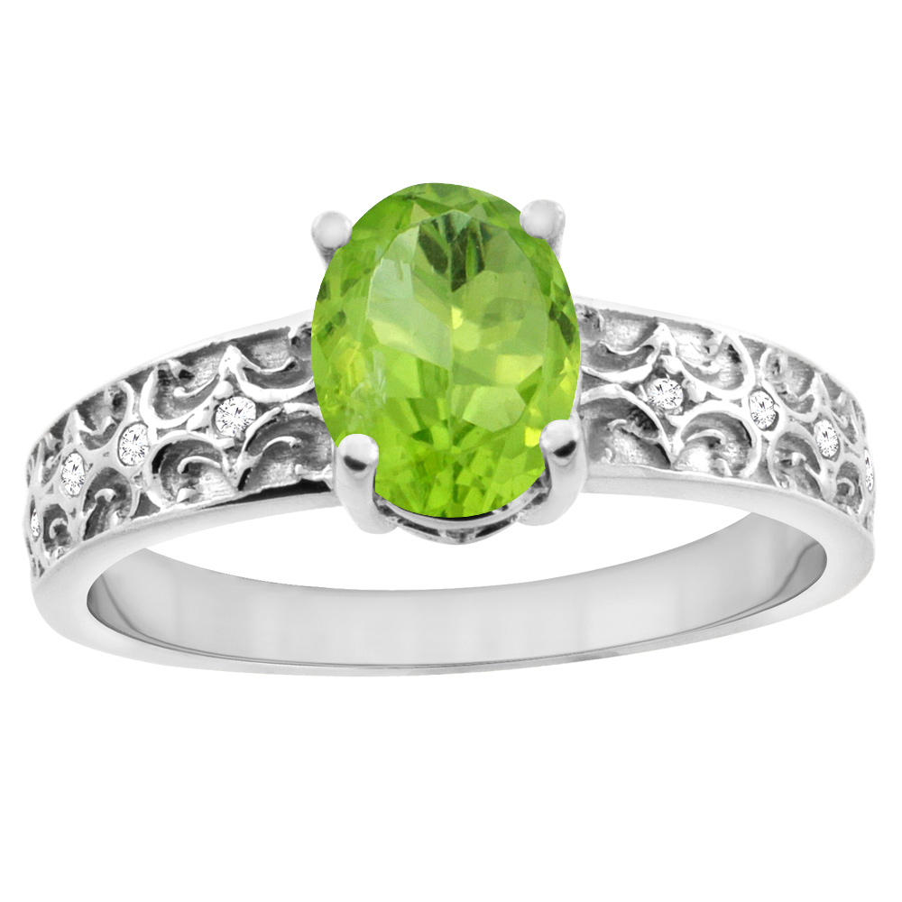 14K White Gold Natural Peridot Ring Oval 8x6 mm Diamond Accents, sizes 5 - 10