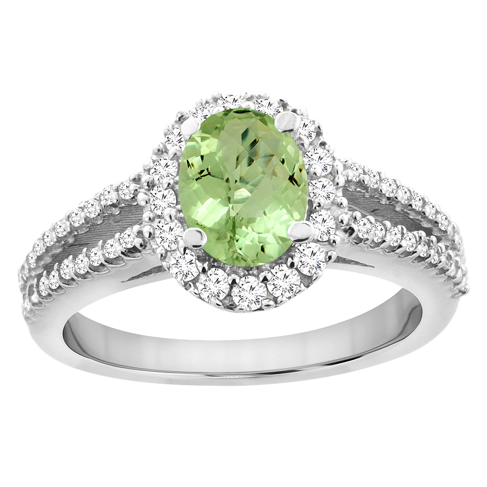14K White Gold Natural Peridot Split Shank Halo Engagement Ring Oval 7x5 mm, sizes 5 - 10