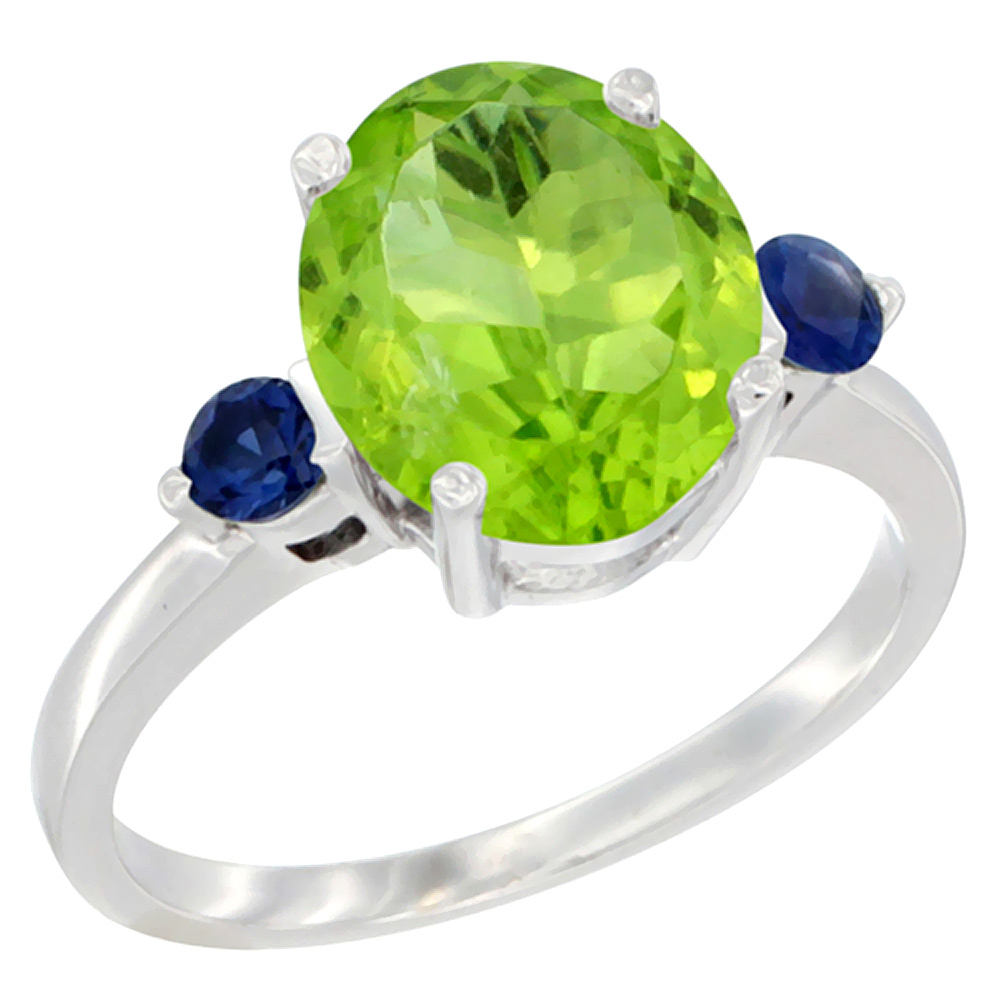 14K White Gold 10x8mm Oval Natural Peridot Ring for Women Blue Sapphire Side-stones sizes 5 - 10
