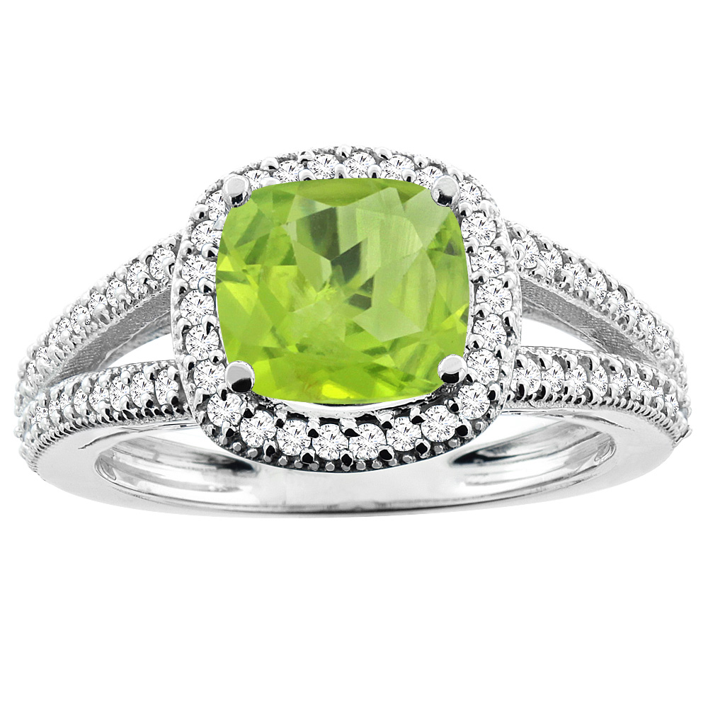 10K White Gold Natural Peridot Ring Cushion 7x7mm Diamond Accent 3/8 inch wide, sizes 5 - 10