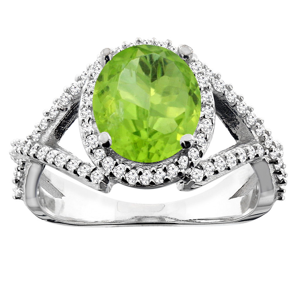 14K White/Yellow/Rose Gold Natural Peridot Ring Oval 9x7mm Diamond Accent, sizes 5 - 10