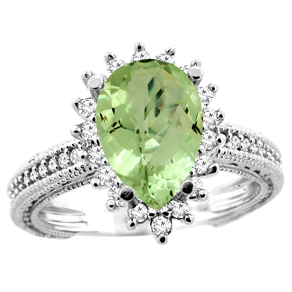 10K WHITE/YELLOW/ROSE GOLD NATURAL PERIDOT RING PEAR 12X8MM DIAMOND ACCENT, SIZES 5 - 10