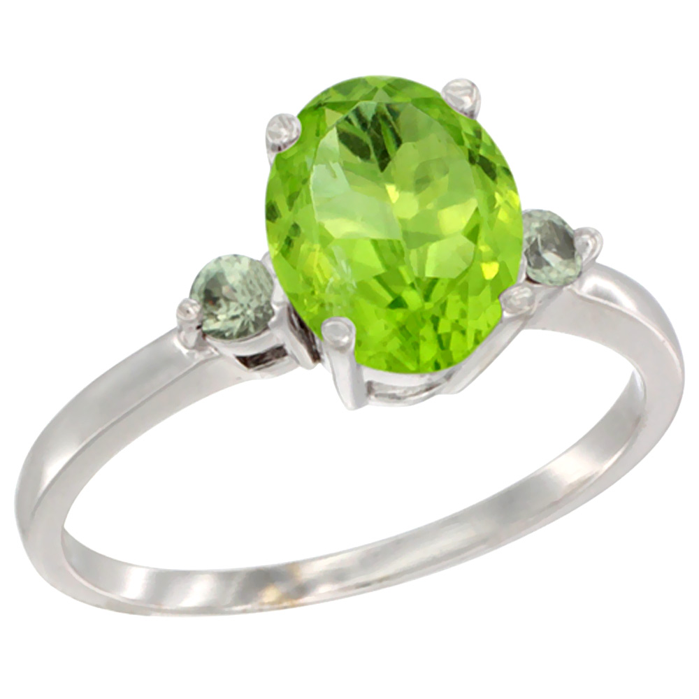 10K White Gold Natural Peridot Ring Oval 9x7 mm Green Sapphire Accent, sizes 5 to 10