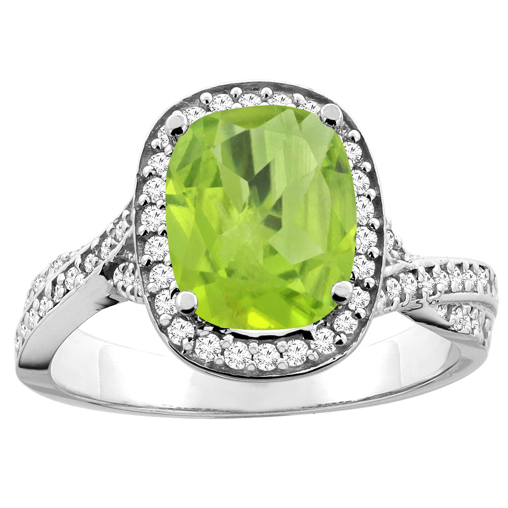 14K Yellow Gold Natural Peridot Halo Ring Cushion 9x7mm Diamond Accent 1/2 inch wide, sizes 5 - 10