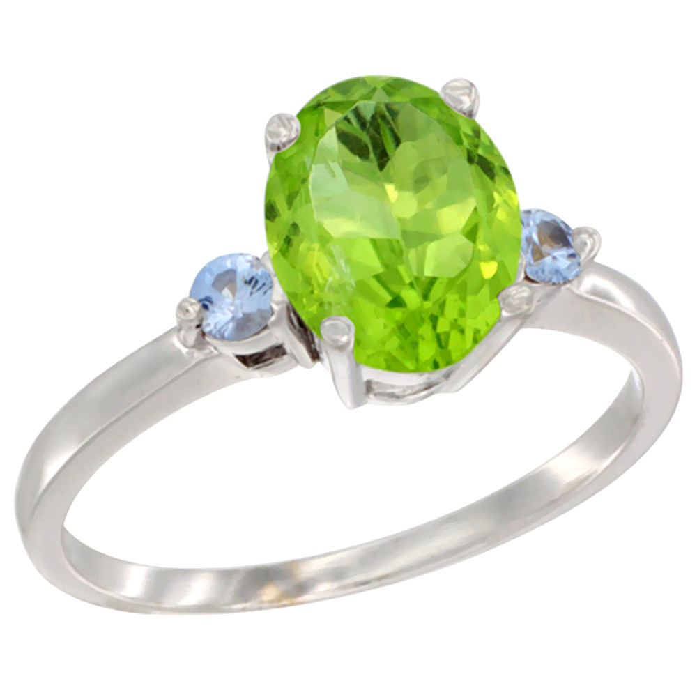 10K White Gold Natural Peridot Ring Oval 9x7 mm Light Blue Sapphire Accent, sizes 5 to 10