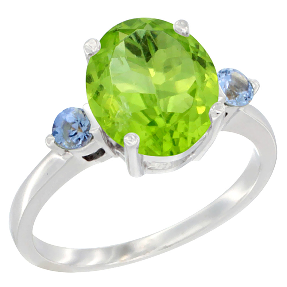 10K White Gold 10x8mm Oval Natural Peridot Ring for Women Light Blue Sapphire Side-stones sizes 5 - 10