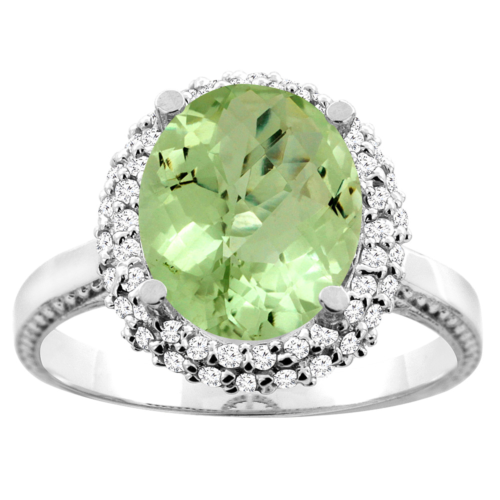 10K White/Yellow Gold Natural Peridot Double Halo Ring Oval 10x8mm Diamond Accent, sizes 5 - 10