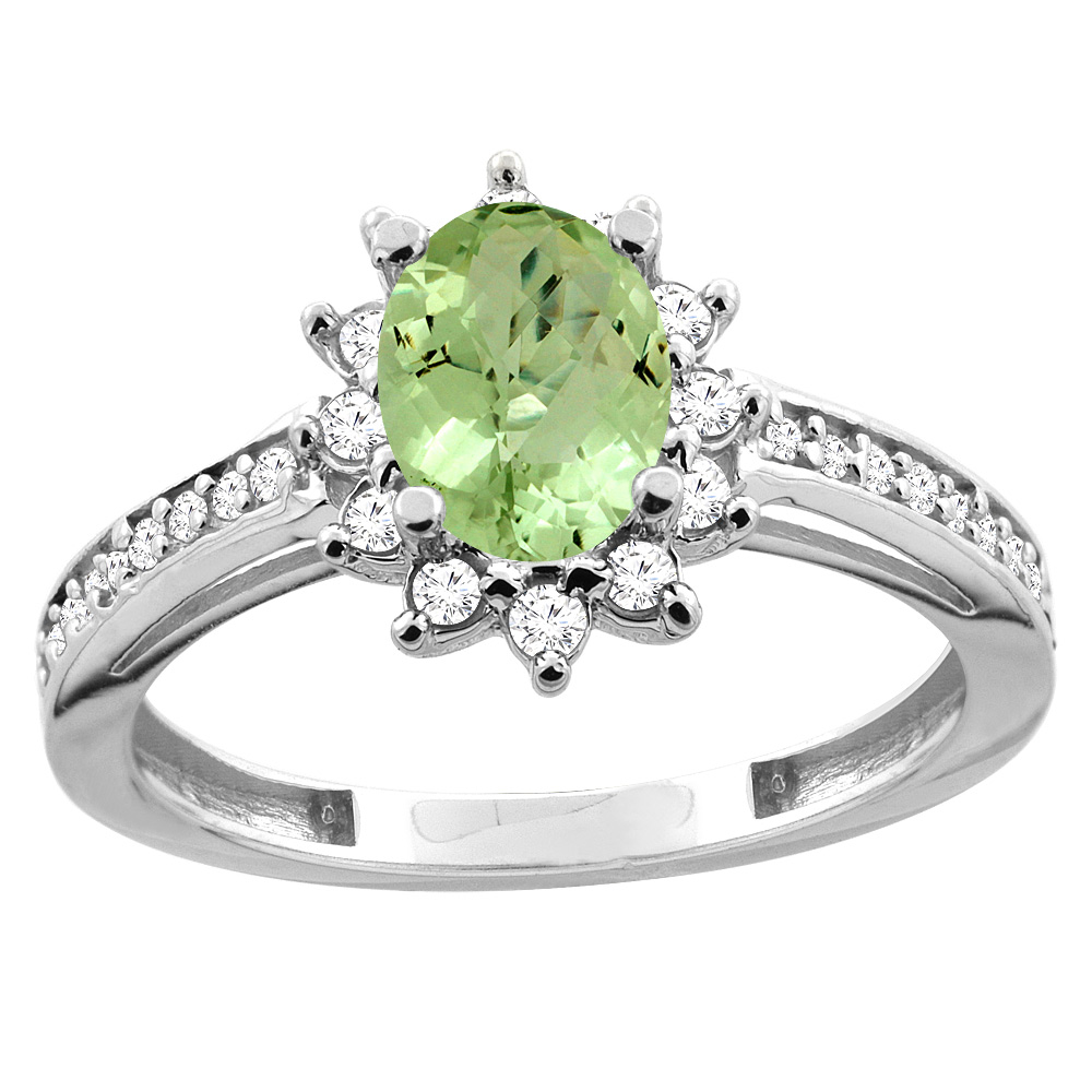 10K White/Yellow Gold Diamond Natural Peridot Floral Halo Engagement Ring Oval 7x5mm, sizes 5 - 10