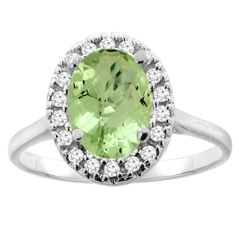 10K Gold Natural Peridot Halo Ring Oval 9x7mm Diamond Accent, sizes 5 - 10