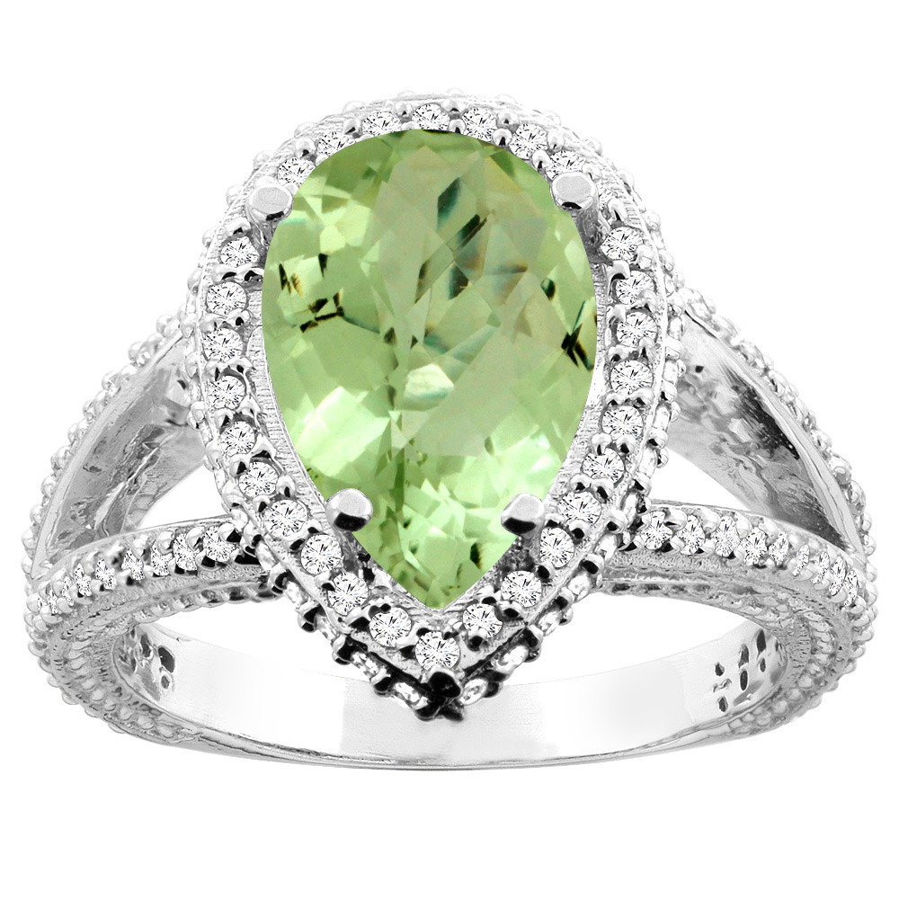 10K White/Yellow Gold Natural Peridot Halo Ring Pear 12x8mm Diamond Accents, sizes 5 - 10
