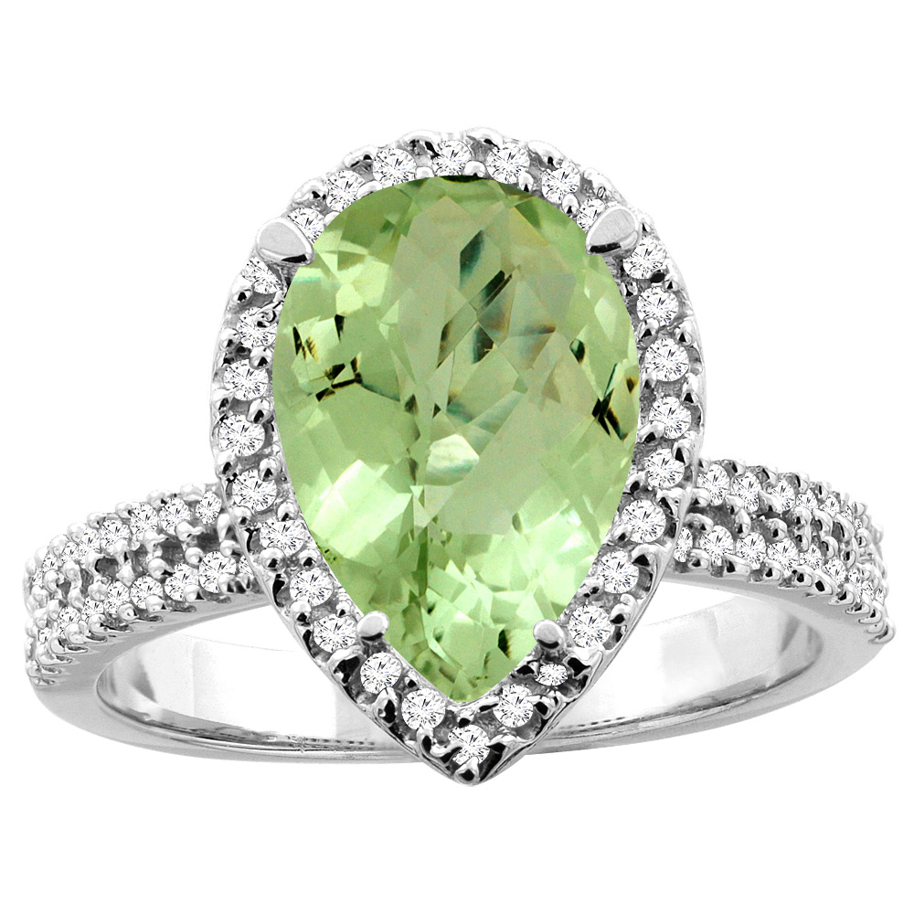 10K White/Yellow Gold Natural Peridot Ring Pear 12x8mm Diamond Accents, sizes 5 - 10