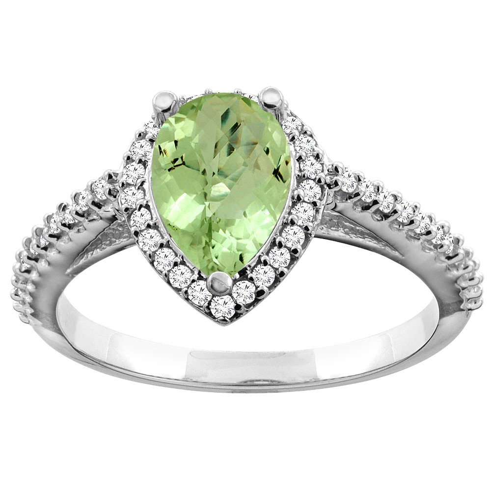 14K Yellow Gold Natural Peridot Ring Pear 9x7mm Diamond Accents, sizes 5 - 10