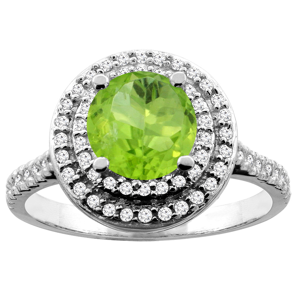 10K White/Yellow Gold Natural Peridot Double Halo Ring Round 7mm Diamond Accent, sizes 5 - 10