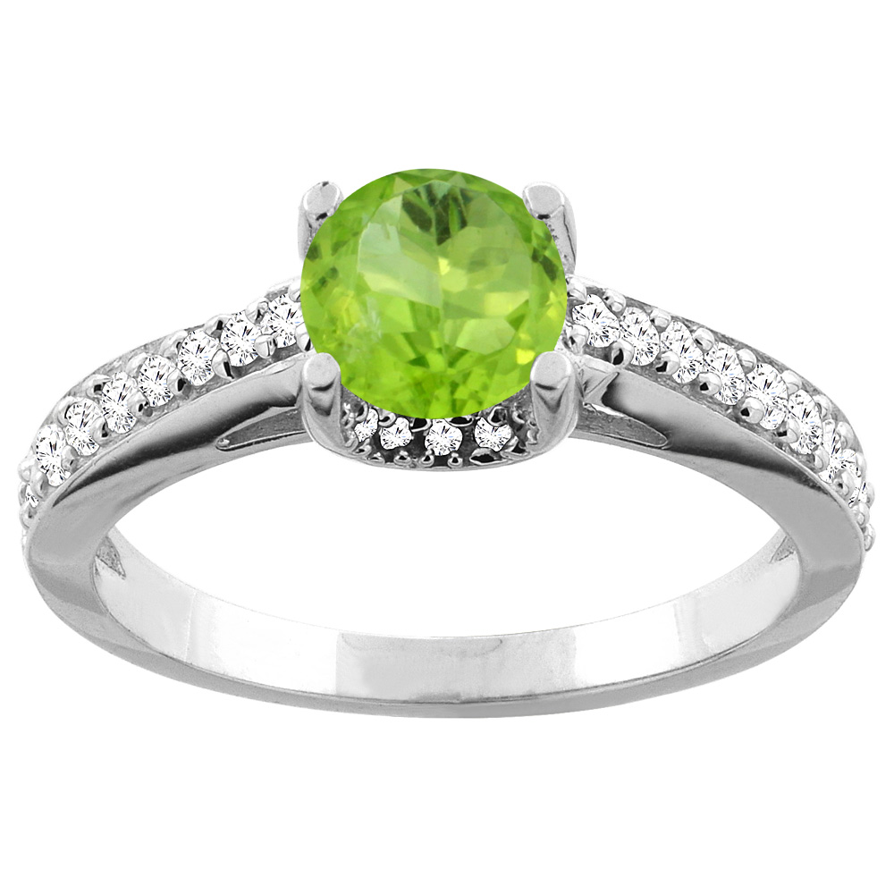 10K Yellow Gold Natural Peridot Ring Round 6mm Diamond Accents 1/4 inch wide, sizes 5 - 10