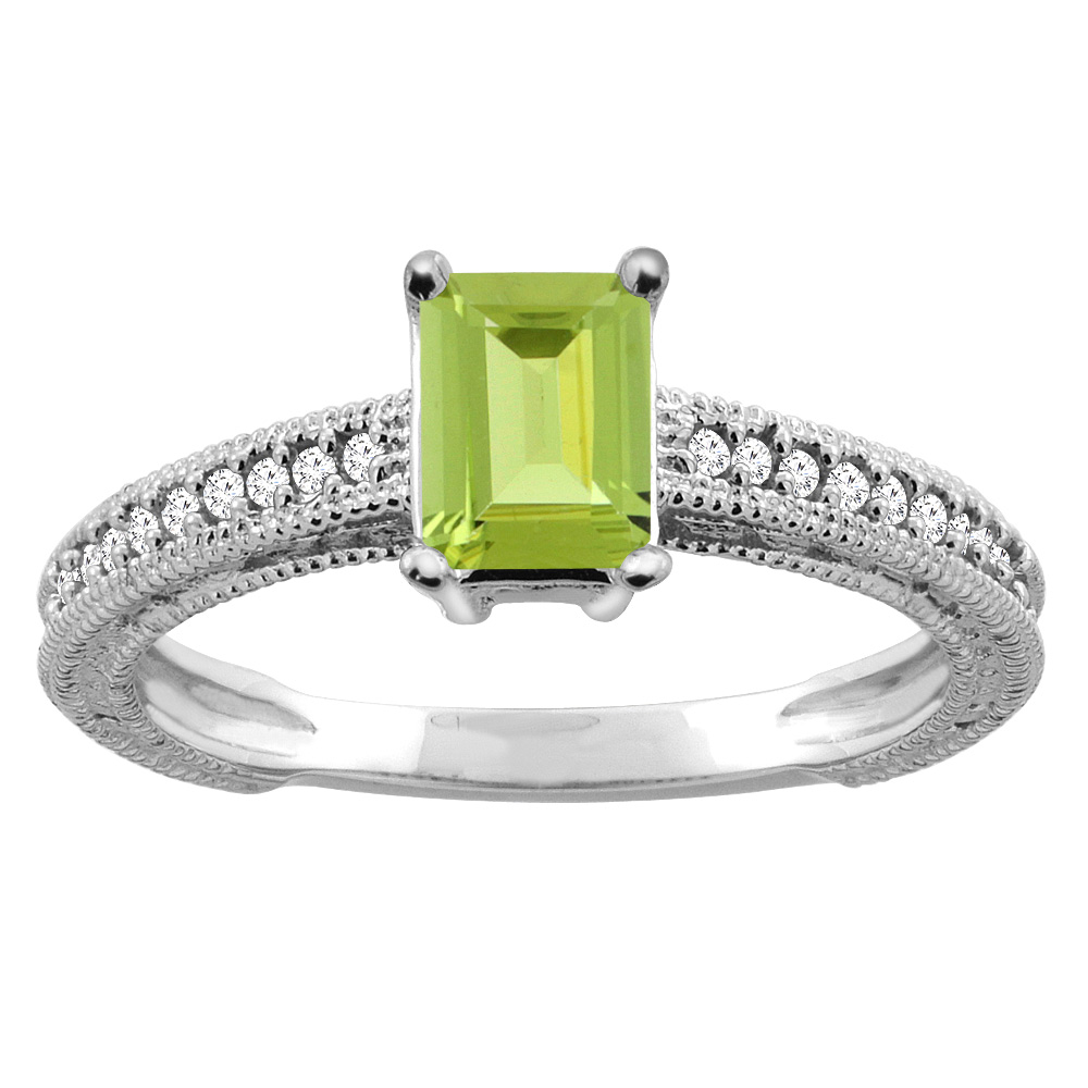 14K Gold Natural Peridot Engagement Ring Octagon 8x6mm Diamond Accents, sizes 5 - 10
