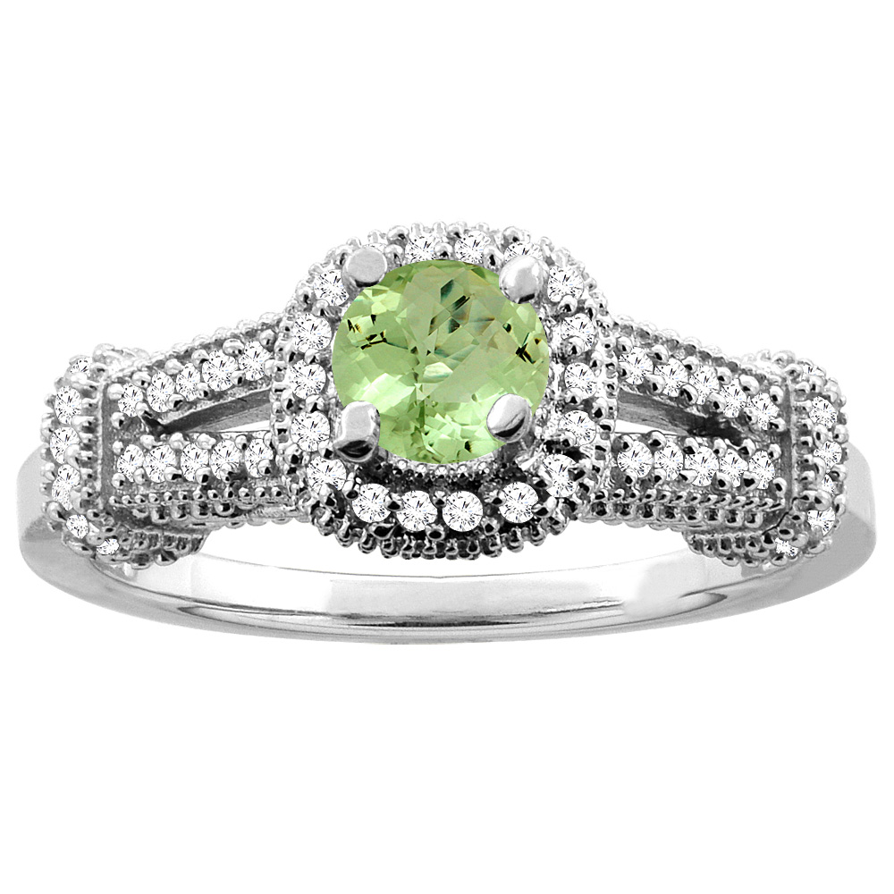 10K Yellow Gold Natural Peridot Engagement Halo Ring Round 5mm Diamond Accents, sizes 5 - 10