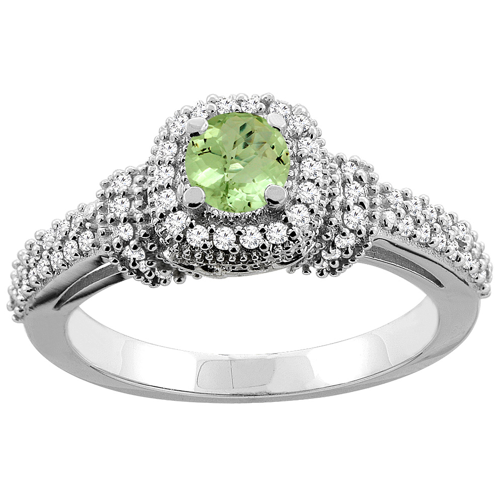 14K Gold Natural Peridot Engagement Halo Ring Round 5mm Diamond Accents, sizes 5 - 10