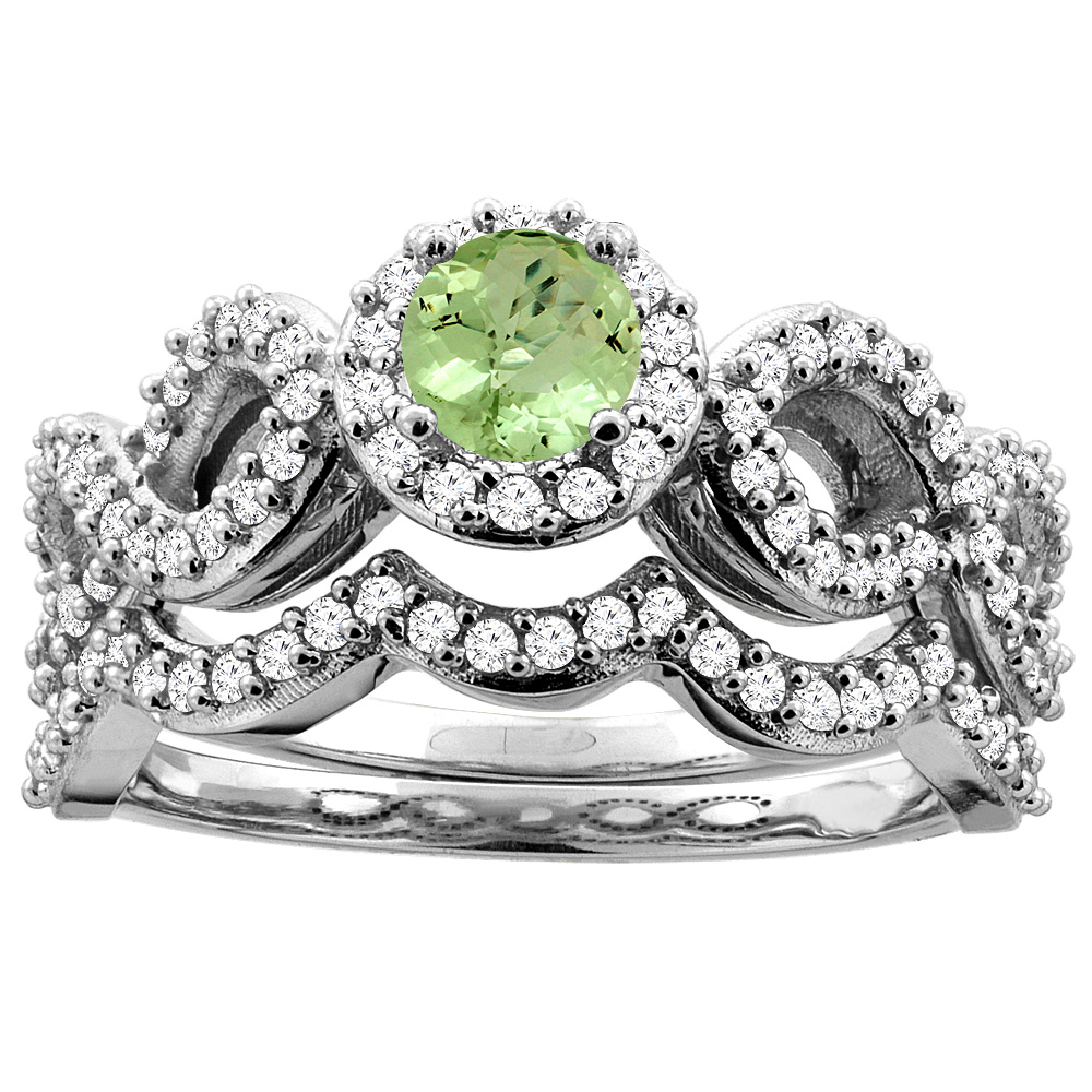 10K White Gold Natural Peridot Engagement Halo Ring Round 5mm Diamond 2-piece Accents, sizes 5 - 10