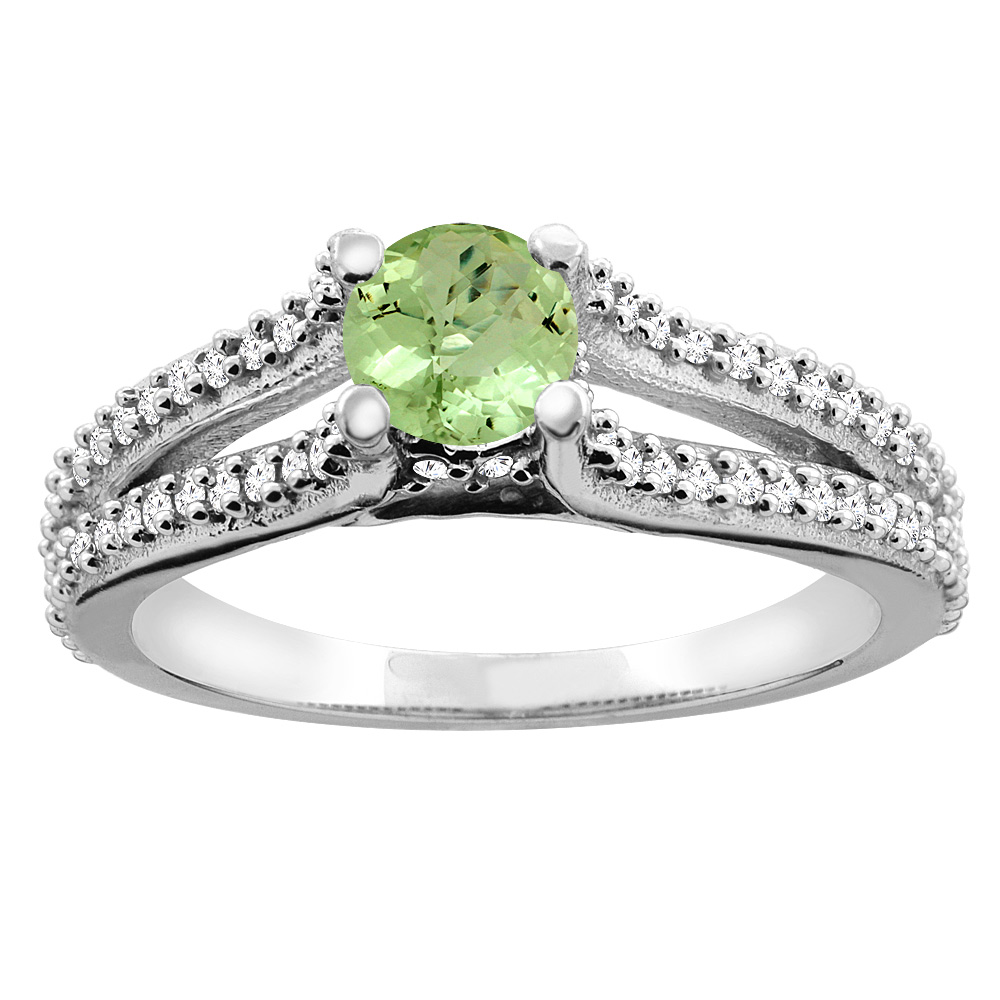10K Yellow Gold Natural Peridot Engagement Split Shank Ring Round 5mm Diamond Accents, sizes 5 - 10