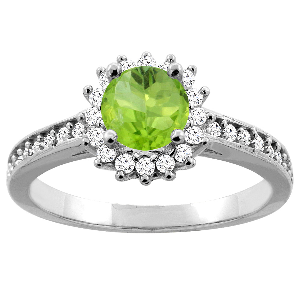 14K Gold Natural Peridot Floral Halo Diamond Engagement Ring Round 6mm, sizes 5 - 10