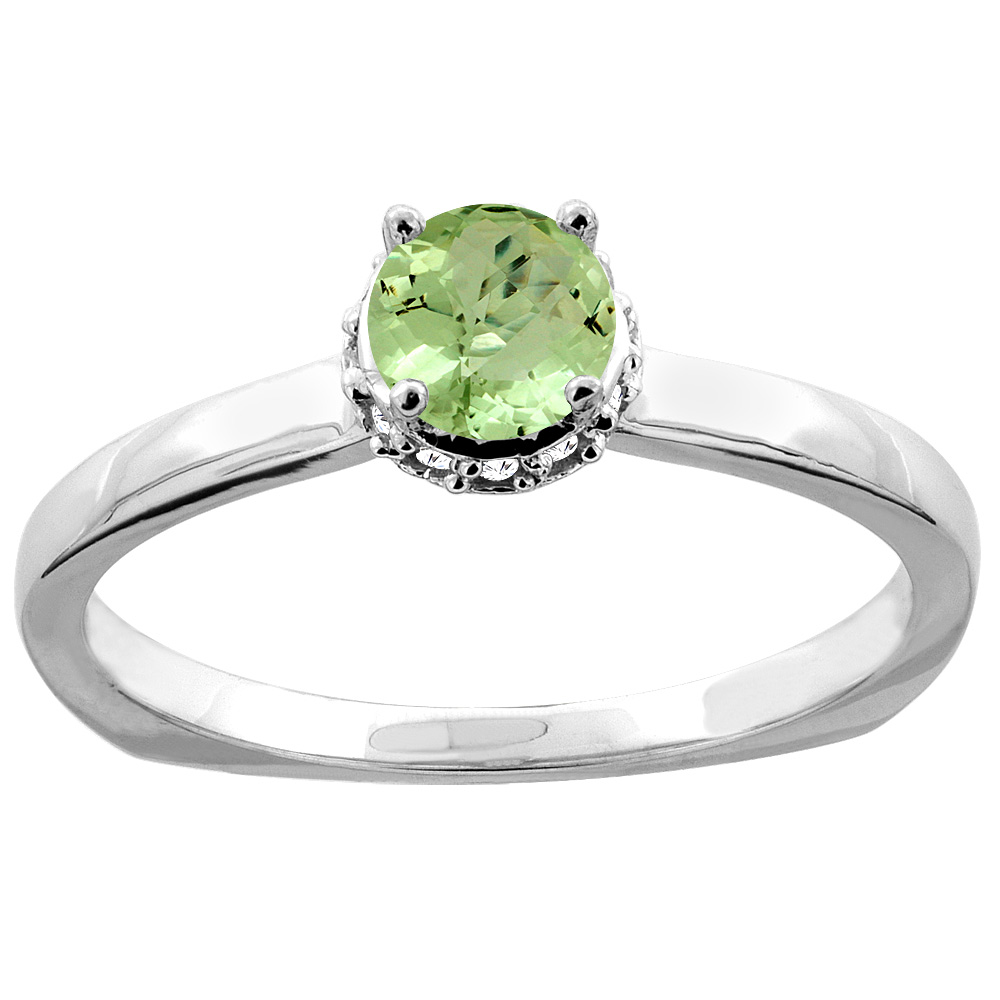 10K Gold Natural Peridot Solitaire Engagement Ring Round 4mm Diamond Accents, sizes 5 - 10