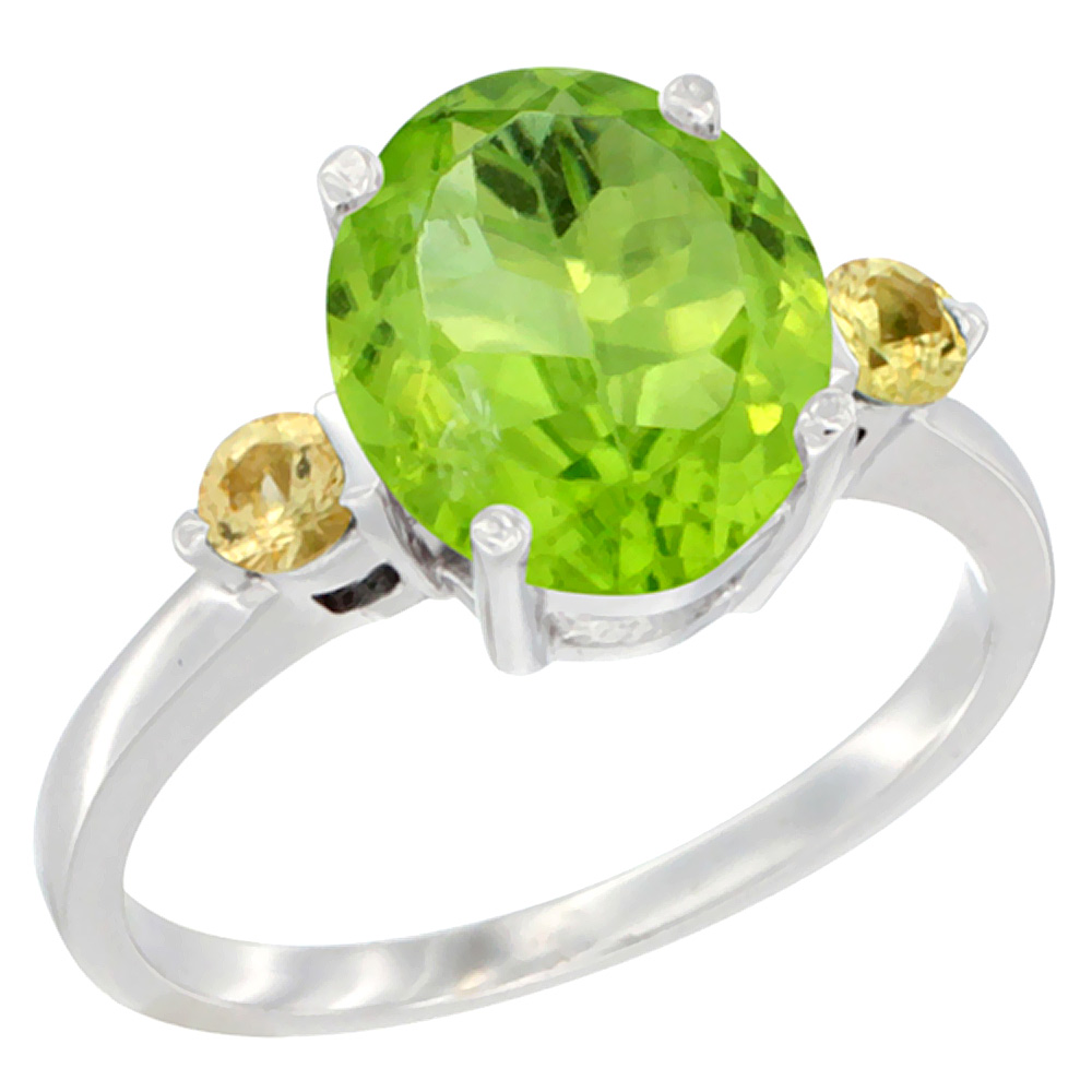 14K White Gold 10x8mm Oval Natural Peridot Ring for Women Yellow Sapphire Side-stones sizes 5 - 10