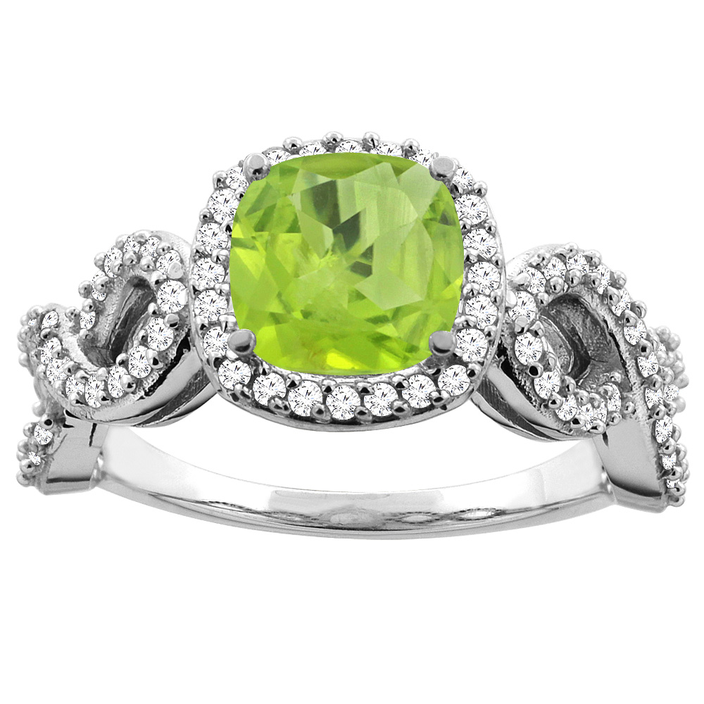 10k White Gold Natural 7mm Cushion Cut Peridot Engagement Ring for Women Eternity Pattern Diamond Accent sizes 5-10