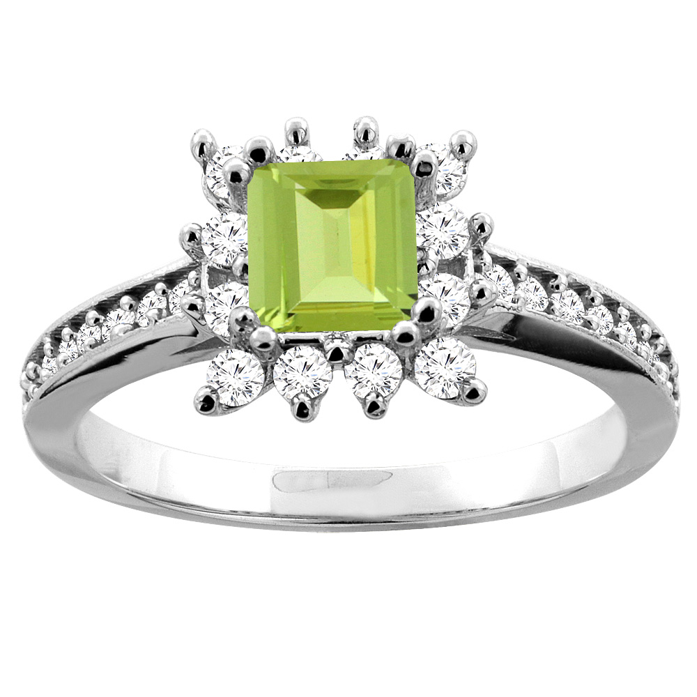 14K White Gold Natural Peridot Engagement Ring Diamond Accents Square 5mm, sizes 5 - 10