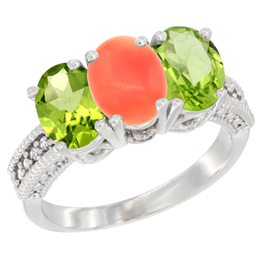 10K White Gold Natural Coral &amp; Peridot Sides Ring 3-Stone Oval 7x5 mm Diamond Accent, sizes 5 - 10