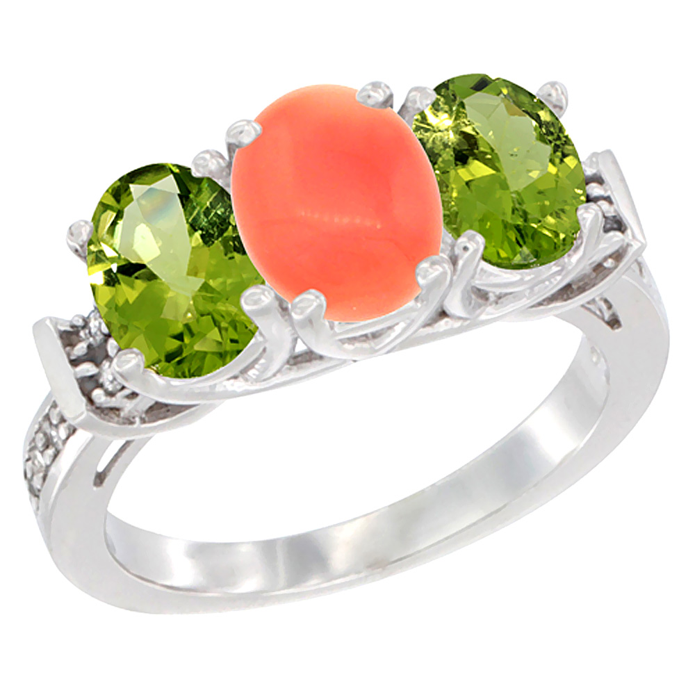 14K White Gold Natural Coral &amp; Peridot Sides Ring 3-Stone Oval Diamond Accent, sizes 5 - 10