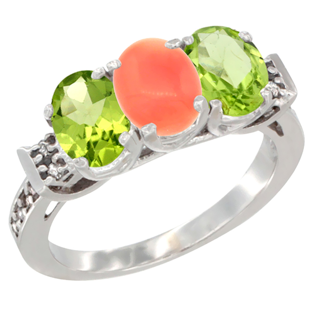 14K White Gold Natural Coral &amp; Peridot Sides Ring 3-Stone Oval 7x5 mm Diamond Accent, sizes 5 - 10