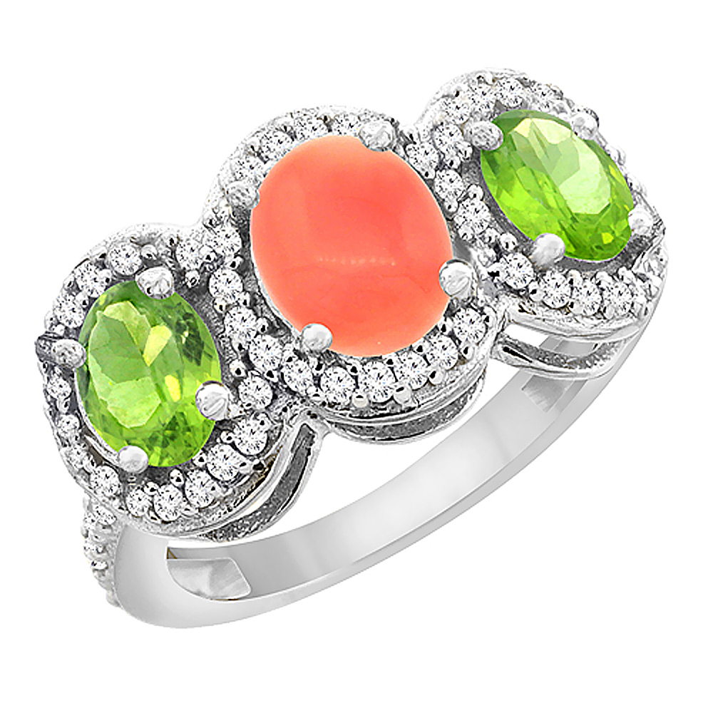 14K White Gold Natural Coral & Peridot 3-Stone Ring Oval Diamond Accent, sizes 5 - 10