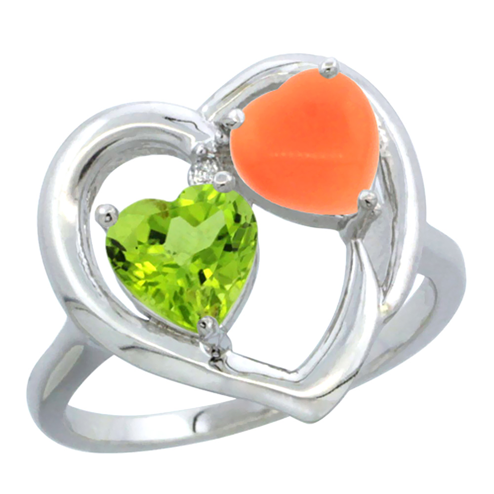 14K White Gold Diamond Two-stone Heart Ring 6mm Natural Peridot &amp; Coral, sizes 5-10