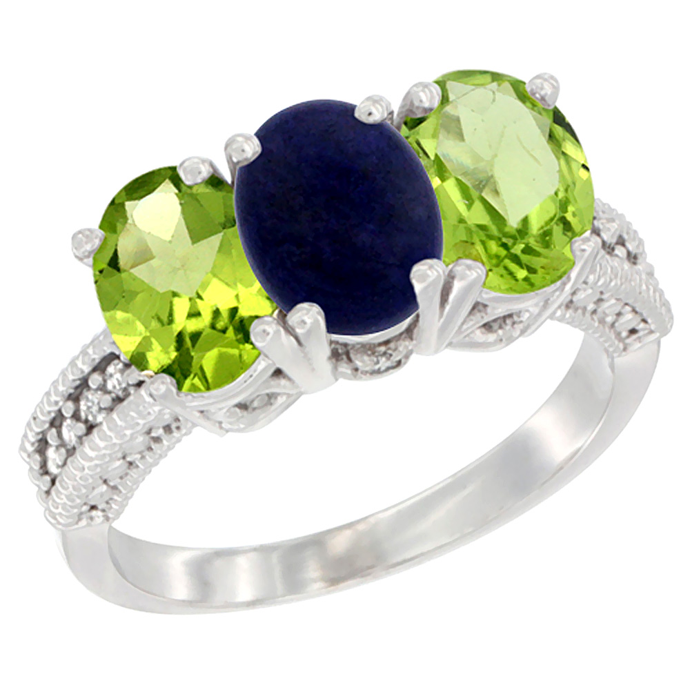 10K White Gold Natural Lapis &amp; Peridot Sides Ring 3-Stone Oval 7x5 mm Diamond Accent, sizes 5 - 10