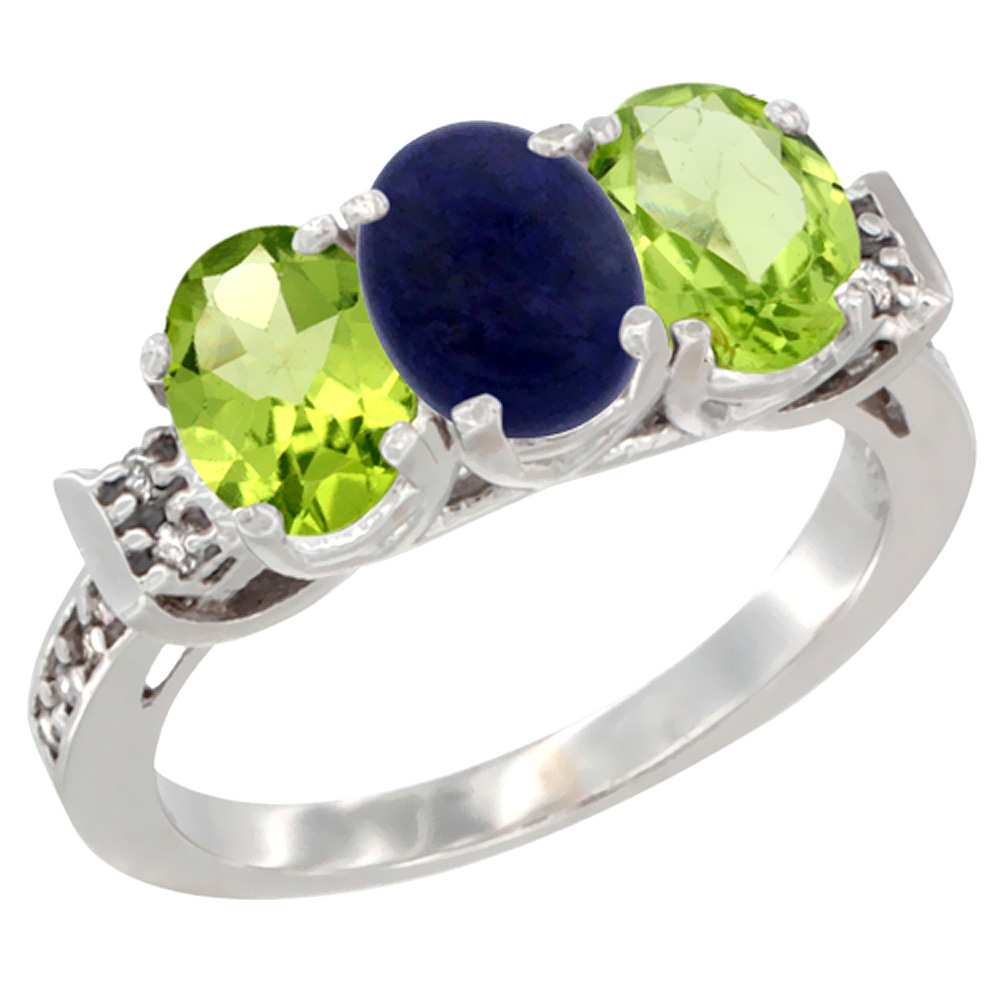 10K White Gold Natural Lapis & Peridot Sides Ring 3-Stone Oval 7x5 mm Diamond Accent, sizes 5 - 10