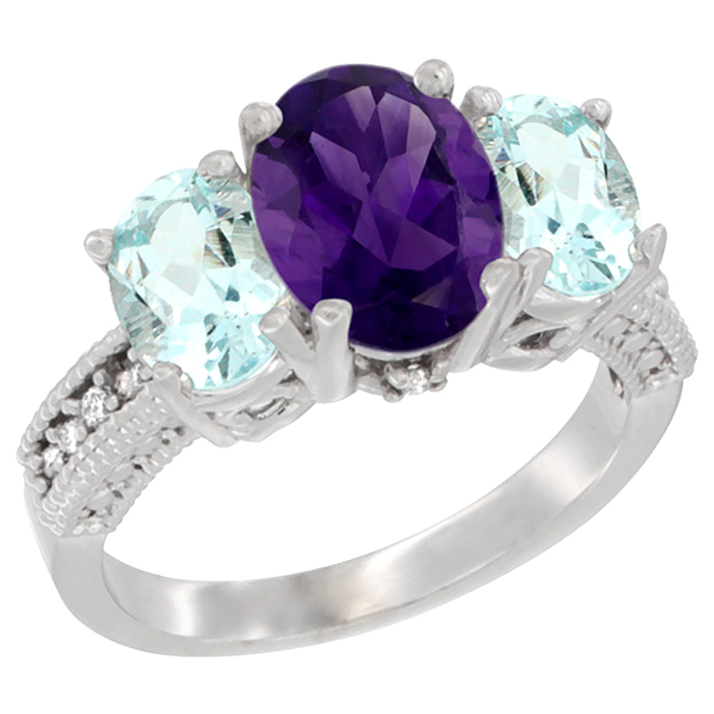 10K White Gold Diamond Natural Amethyst Ring 3-Stone Oval 8x6mm with Aquamarine, sizes5-10