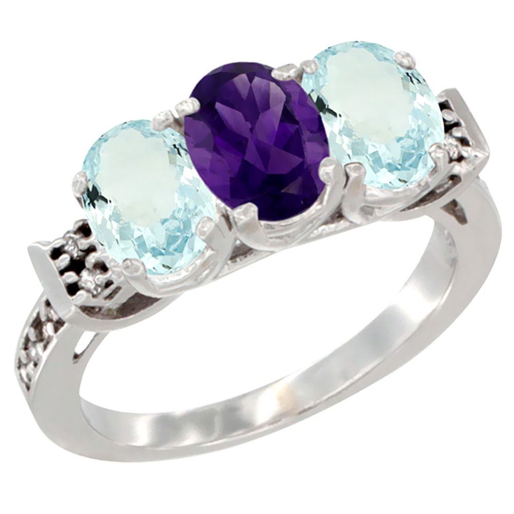 14K White Gold Natural Amethyst &amp; Aquamarine Sides Ring 3-Stone Oval 7x5 mm Diamond Accent, sizes 5 - 10