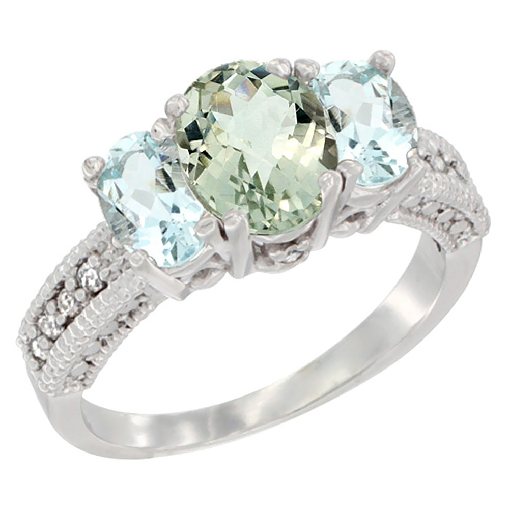 10K White Gold Diamond Natural Green Amethyst Ring Oval 3-stone with Aquamarine, sizes 5 - 10