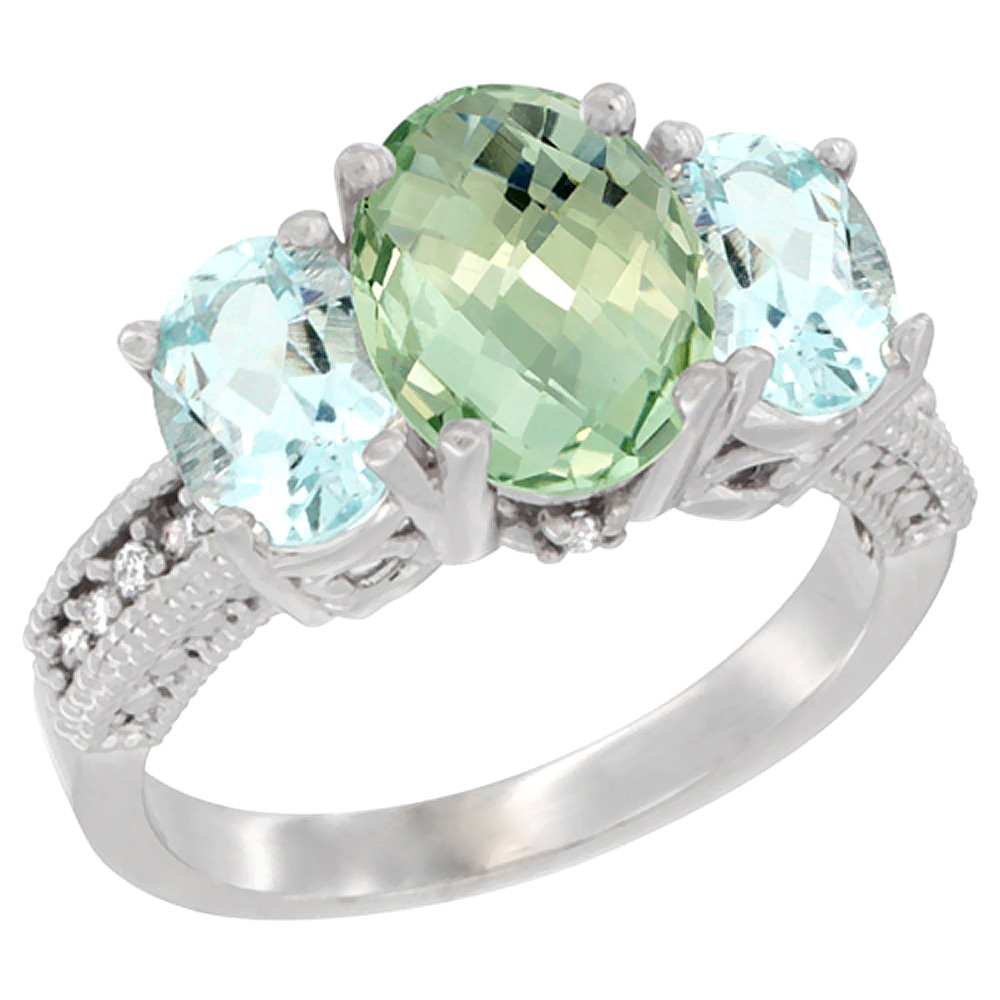 10K White Gold Diamond Natural Green Amethyst Ring 3-Stone Oval 8x6mm with Aquamarine, sizes5-10