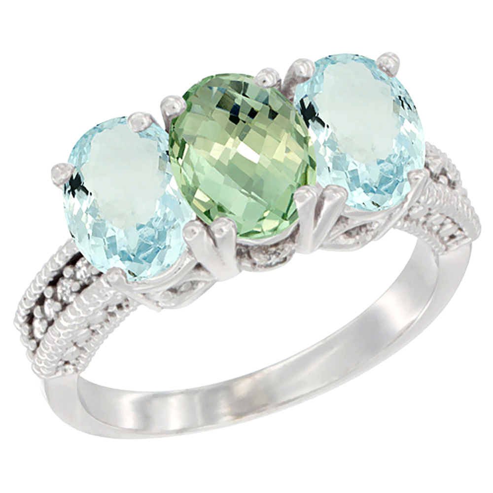 10K White Gold Natural Green Amethyst &amp; Aquamarine Sides Ring 3-Stone Oval 7x5 mm Diamond Accent, sizes 5 - 10