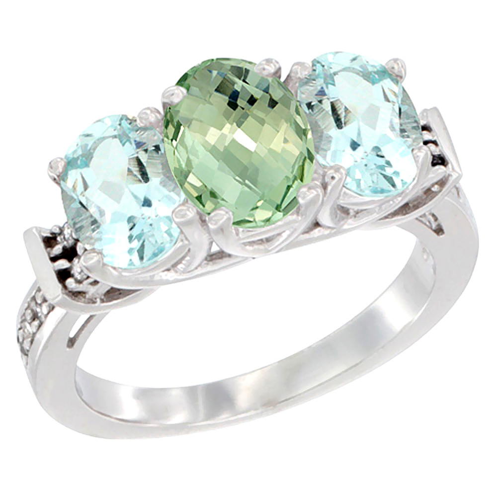 14K White Gold Natural Green Amethyst &amp; Aquamarine Sides Ring 3-Stone Oval Diamond Accent, sizes 5 - 10